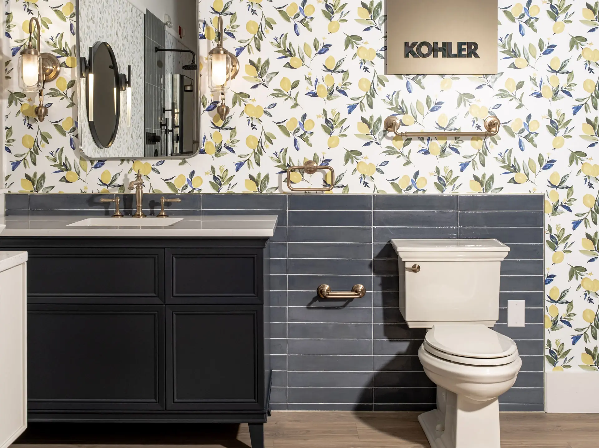 Sample bathroom with toilet and vanity in the Factes Wilmington Showroom